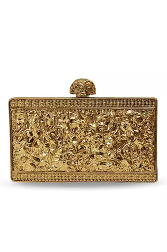 Gold suede embroidered clutch