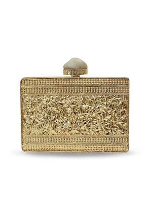 Gold suede floral embroidered clutch 1