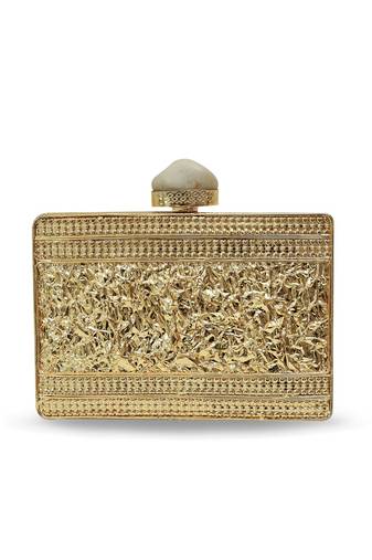 Gold suede floral embroidered clutch