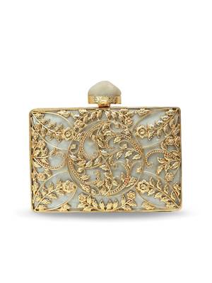 Gold suede floral embroidered clutch 2