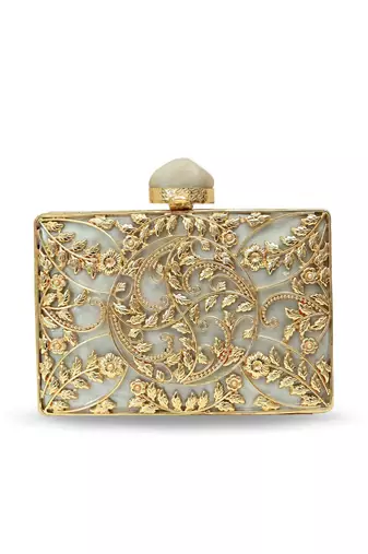 Gold suede floral embroidered clutch