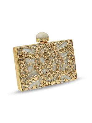 Gold suede floral embroidered clutch 3
