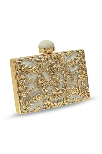Gold suede floral embroidered clutch