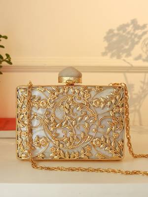 Gold suede floral embroidered clutch 4
