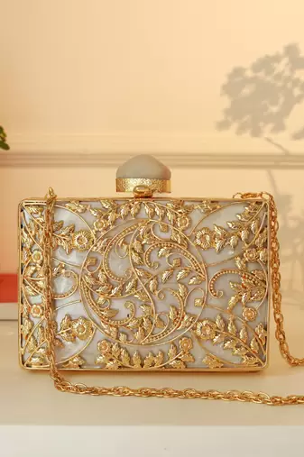 Gold suede floral embroidered clutch