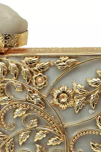 Gold suede floral embroidered clutch