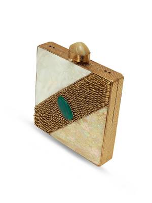 Gold suede embroidered clutch 1