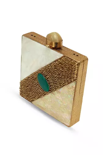 Gold suede embroidered clutch