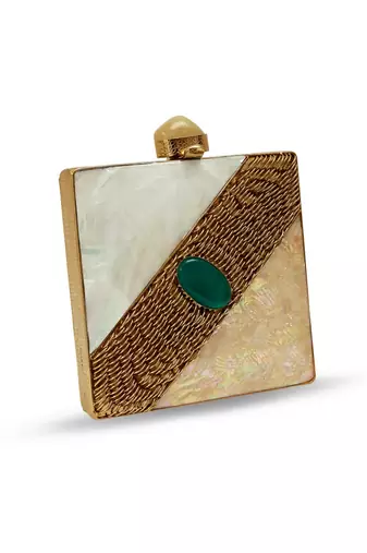 Gold suede embroidered clutch