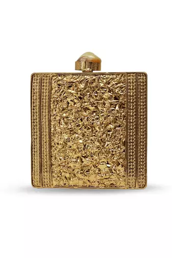 Gold suede embroidered clutch