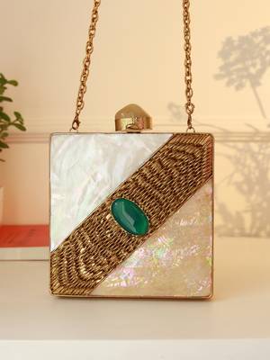 Gold suede embroidered clutch 4