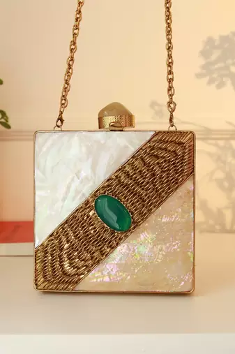 Gold suede embroidered clutch