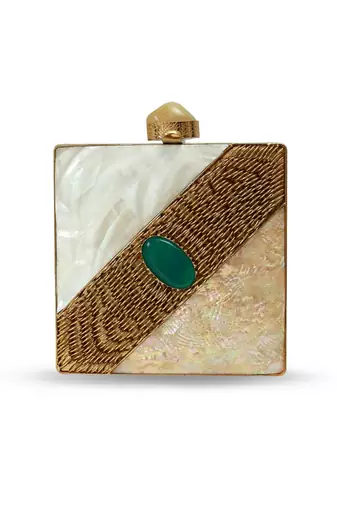 Gold suede embroidered clutch