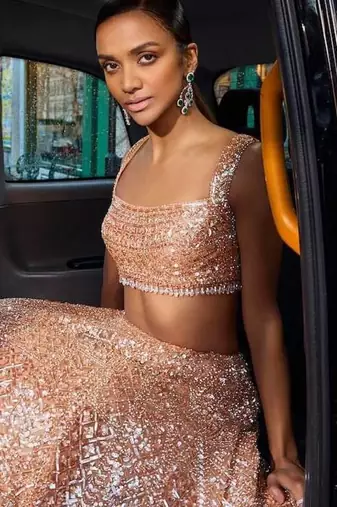 Peach Color Rainbow Sequins And Dori Work All Over Net Lehenga Choli