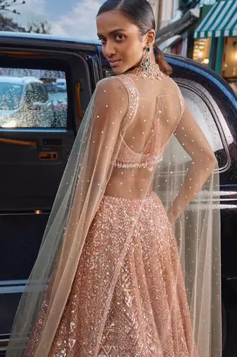 Peach Color Rainbow Sequins And Dori Work All Over Net Lehenga Choli