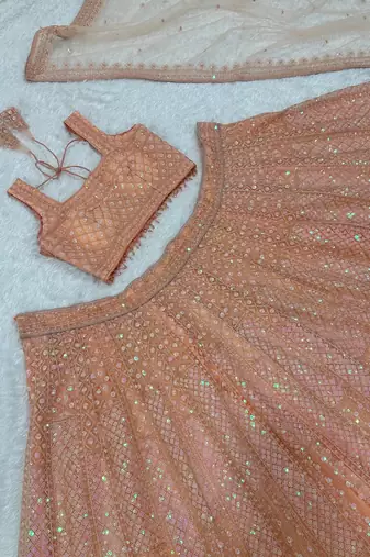 Peach Color Rainbow Sequins And Dori Work All Over Net Lehenga Choli