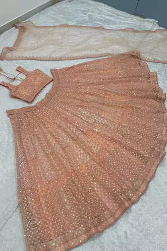 Peach Color Rainbow Sequins And Dori Work All Over Net Lehenga Choli