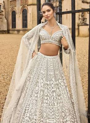 Off White Color Sequins,Dori & Thread Work Net Lehenga Choli 1