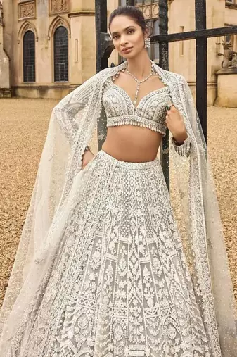 Off White Color Sequins,Dori & Thread Work Net Lehenga Choli