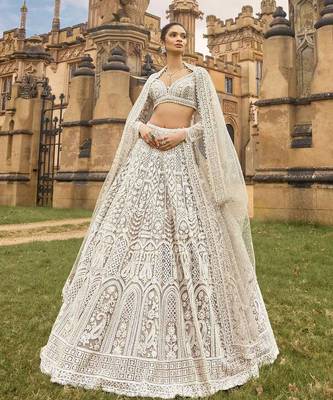 Off White Color Sequins,Dori & Thread Work Net Lehenga Choli 2