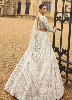 Off White Color Sequins,Dori & Thread Work Net Lehenga Choli 3