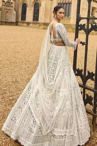 Off White Color Sequins,Dori & Thread Work Net Lehenga Choli