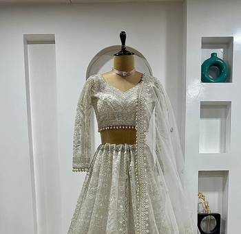 Off White Color Sequins,Dori & Thread Work Net Lehenga Choli 4
