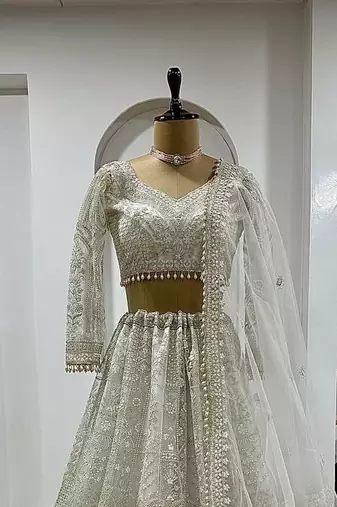 Off White Color Sequins,Dori & Thread Work Net Lehenga Choli
