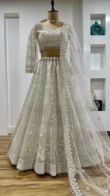 Off White Color Sequins,Dori & Thread Work Net Lehenga Choli 5