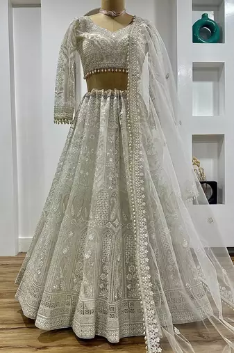 Off White Color Sequins,Dori & Thread Work Net Lehenga Choli