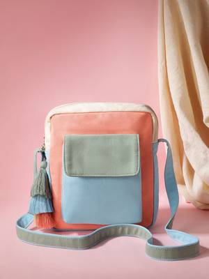 Hue Blue & Pastel Multi Cotton Canvas Colourblocked Sling Bag 1