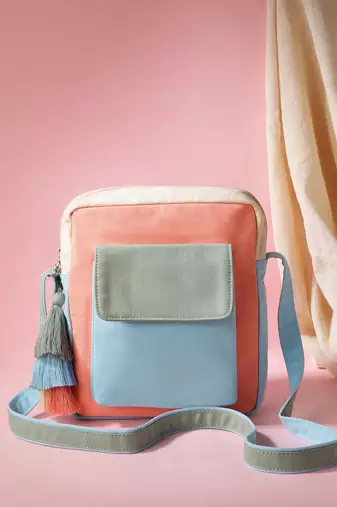 Hue Blue & Pastel Multi Cotton Canvas Colourblocked Sling Bag