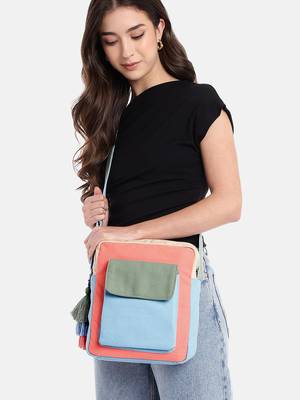 Hue Blue & Pastel Multi Cotton Canvas Colourblocked Sling Bag 2