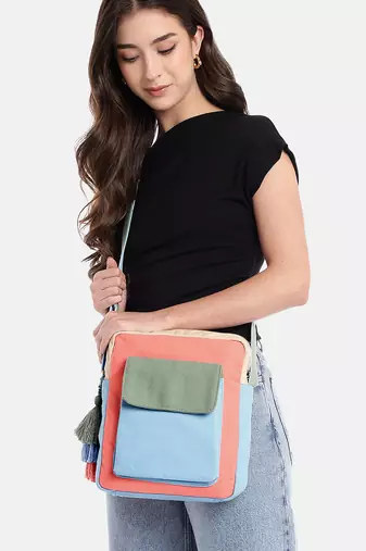 Hue Blue & Pastel Multi Cotton Canvas Colourblocked Sling Bag