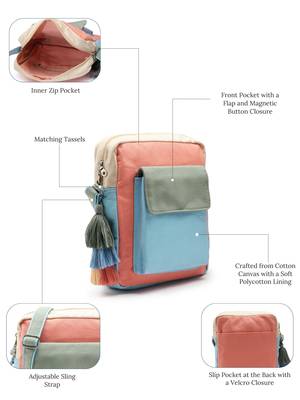 Hue Blue & Pastel Multi Cotton Canvas Colourblocked Sling Bag 3