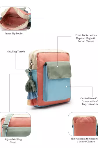 Hue Blue & Pastel Multi Cotton Canvas Colourblocked Sling Bag