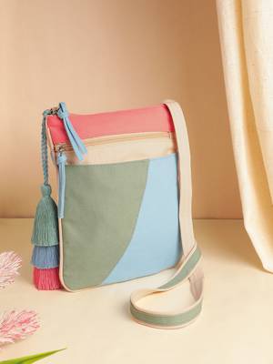 Hue Aqua Blue & Pastel Multi Cotton Canvas Colourblocked Sling Bag 1