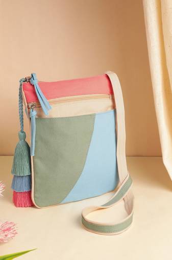 hue aqua blue & pastel multi cotton canvas colourblocked sling bag