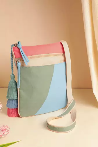 Hue Aqua Blue & Pastel Multi Cotton Canvas Colourblocked Sling Bag