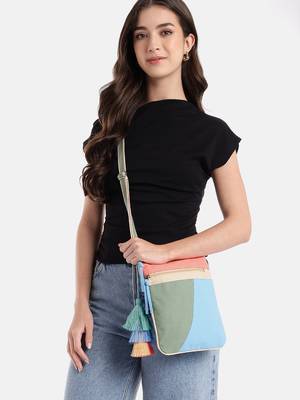 Hue Aqua Blue & Pastel Multi Cotton Canvas Colourblocked Sling Bag 2