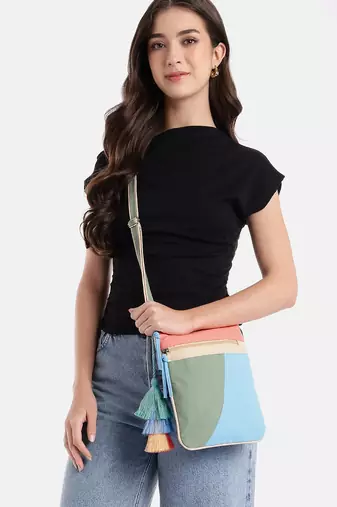 Hue Aqua Blue & Pastel Multi Cotton Canvas Colourblocked Sling Bag