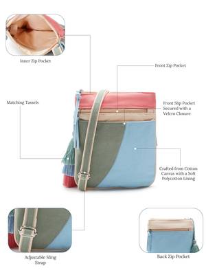 Hue Aqua Blue & Pastel Multi Cotton Canvas Colourblocked Sling Bag 3