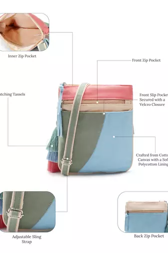 Hue Aqua Blue & Pastel Multi Cotton Canvas Colourblocked Sling Bag