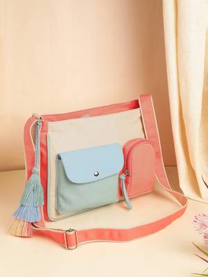 Anekaant Hue Cream & Pastel Multi Cotton Canvas Colourblocked Sling Bag 1