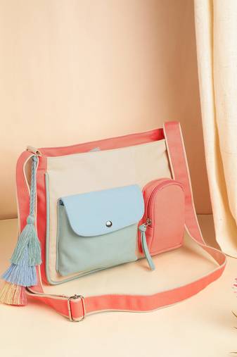 Anekaant Hue Cream & Pastel Multi Cotton Canvas Colourblocked Sling Bag