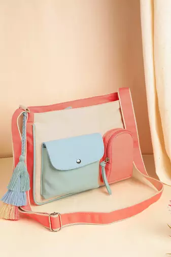 hue cream & pastel multi cotton canvas colourblocked sling bag
