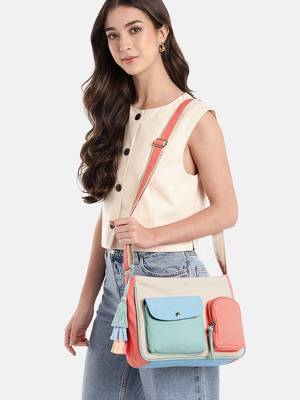 Anekaant Hue Cream & Pastel Multi Cotton Canvas Colourblocked Sling Bag 2