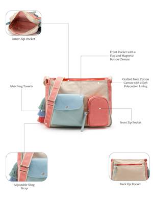 Anekaant Hue Cream & Pastel Multi Cotton Canvas Colourblocked Sling Bag 3