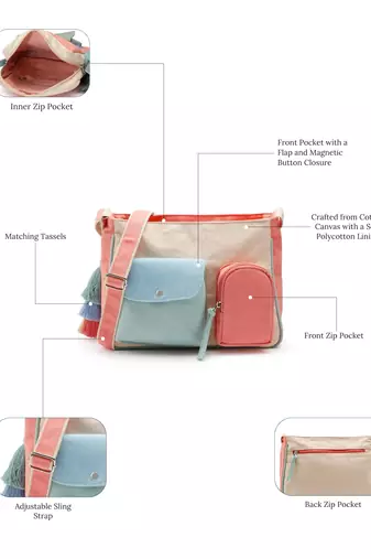 Anekaant Hue Cream & Pastel Multi Cotton Canvas Colourblocked Sling Bag