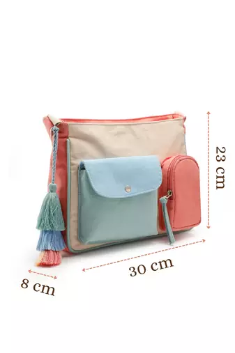 Anekaant Hue Cream & Pastel Multi Cotton Canvas Colourblocked Sling Bag